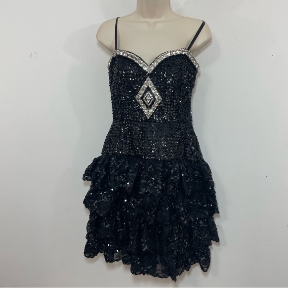 Vtg Anne Marie sequin crystal embellished ruffle mini dress XS strapless fairy